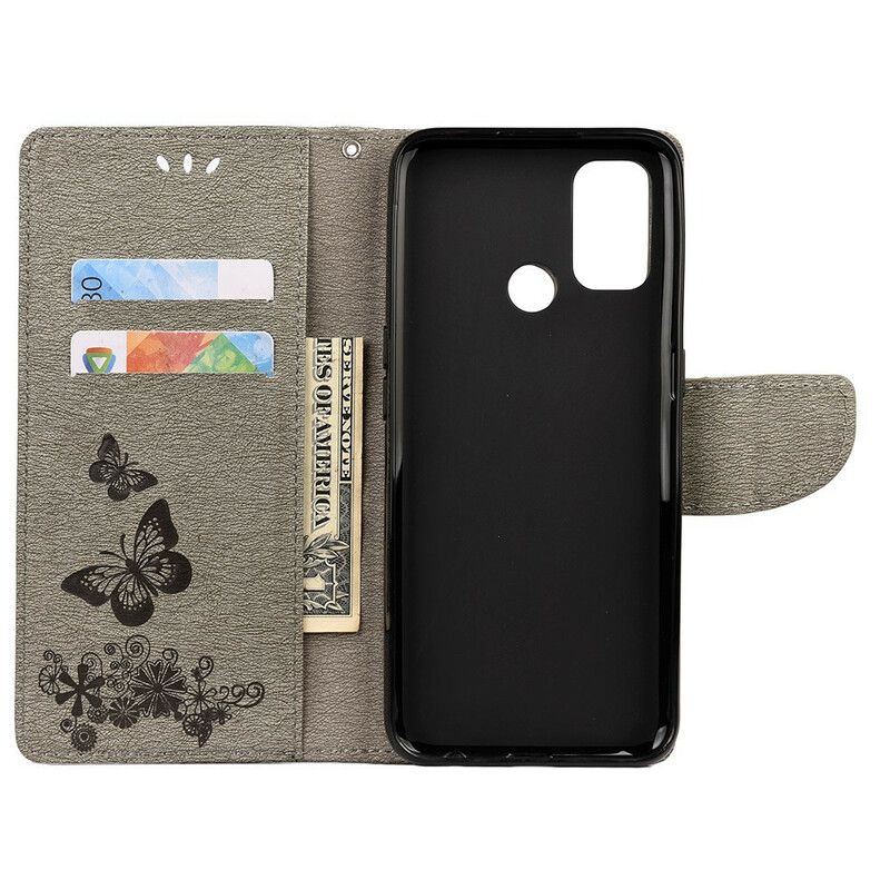 Læder Cover Oppo A53 / A53s Kun Sommerfugle Med Snor
