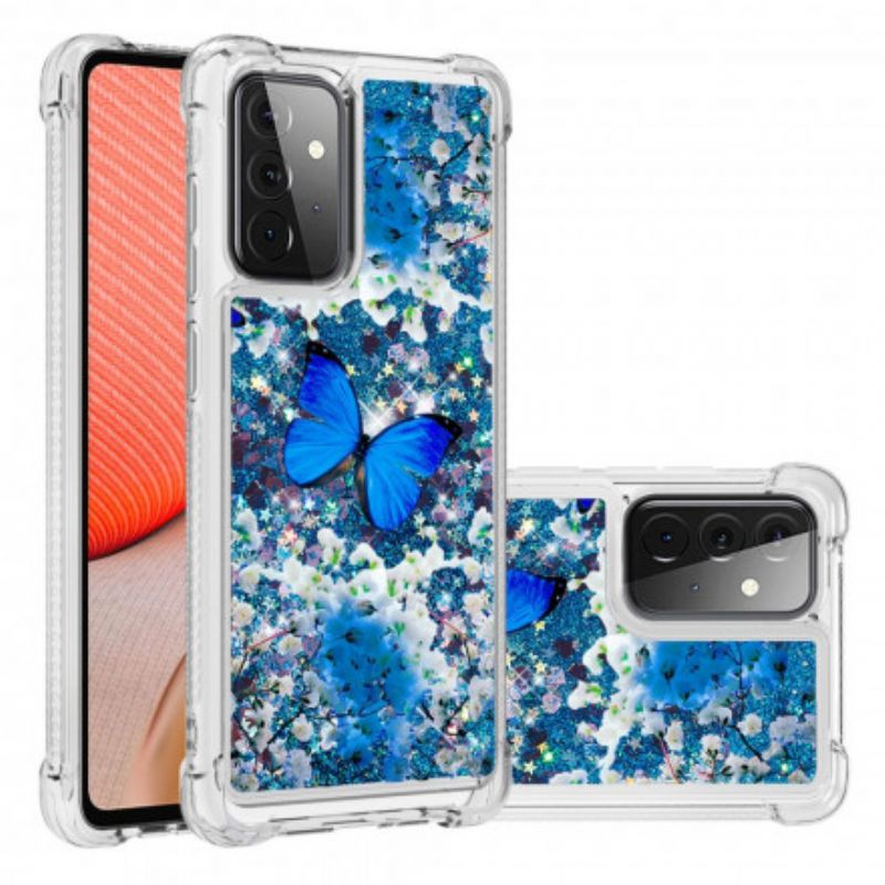 Cover Samsung Galaxy A72 4G / 5G Blå Glitter Sommerfugle