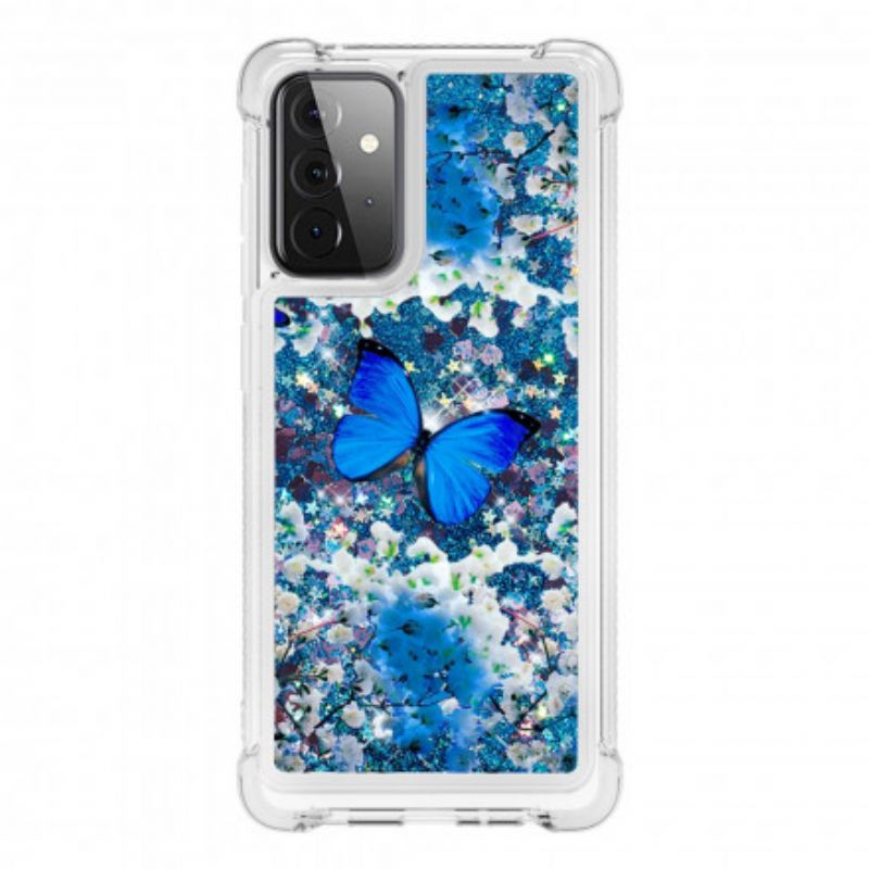 Cover Samsung Galaxy A72 4G / 5G Blå Glitter Sommerfugle