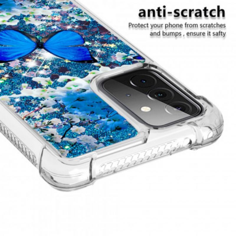 Cover Samsung Galaxy A72 4G / 5G Blå Glitter Sommerfugle