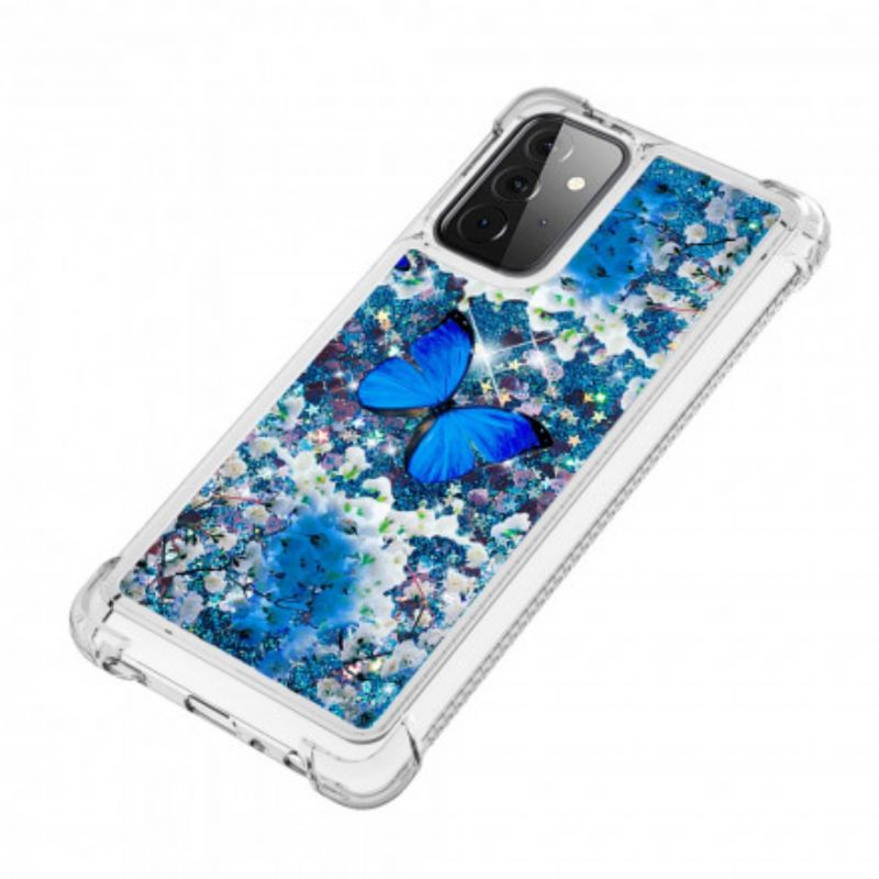 Cover Samsung Galaxy A72 4G / 5G Blå Glitter Sommerfugle