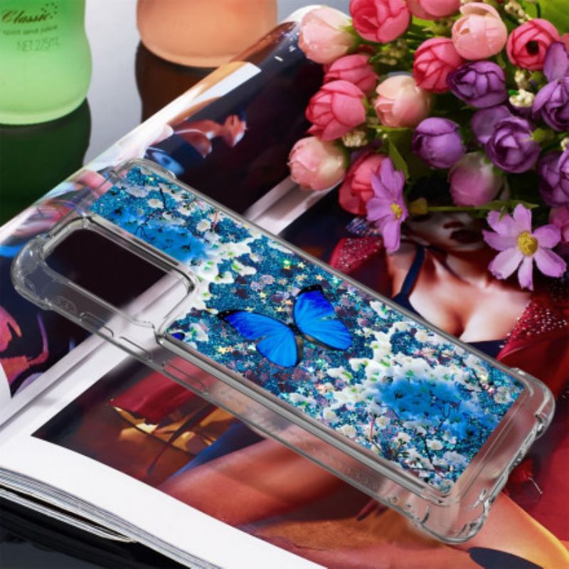 Cover Samsung Galaxy A72 4G / 5G Blå Glitter Sommerfugle
