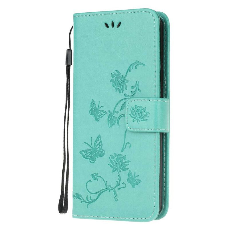 Flip Cover Samsung Galaxy A72 4G / 5G Med Snor Thong Sommerfugle Og Blomster