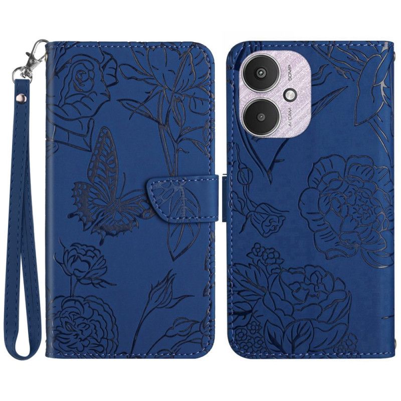 Læder Cover Poco C65 Telefon Etui Sommerfugletryk Med Rem