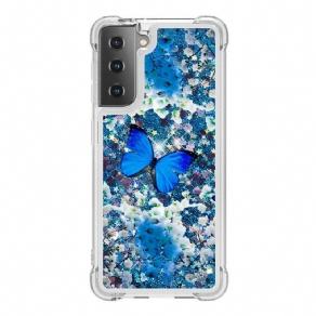 Cover Samsung Galaxy S21 5G Blå Glitter Sommerfugle