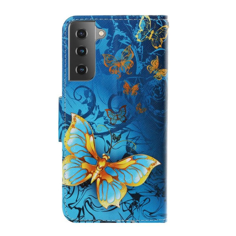 Flip Cover Samsung Galaxy S21 5G Med Snor Variationer Af Sommerfuglestrop