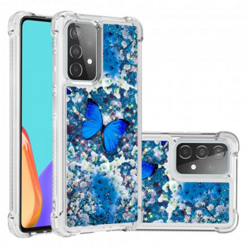 Cover Samsung Galaxy A52 4G / A52 5G / A52s 5G Blå Glitter Sommerfugle
