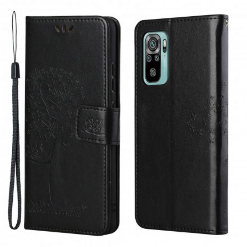 Læder Cover Xiaomi Redmi 10 Med Snor Træ Og Strappy Ugler