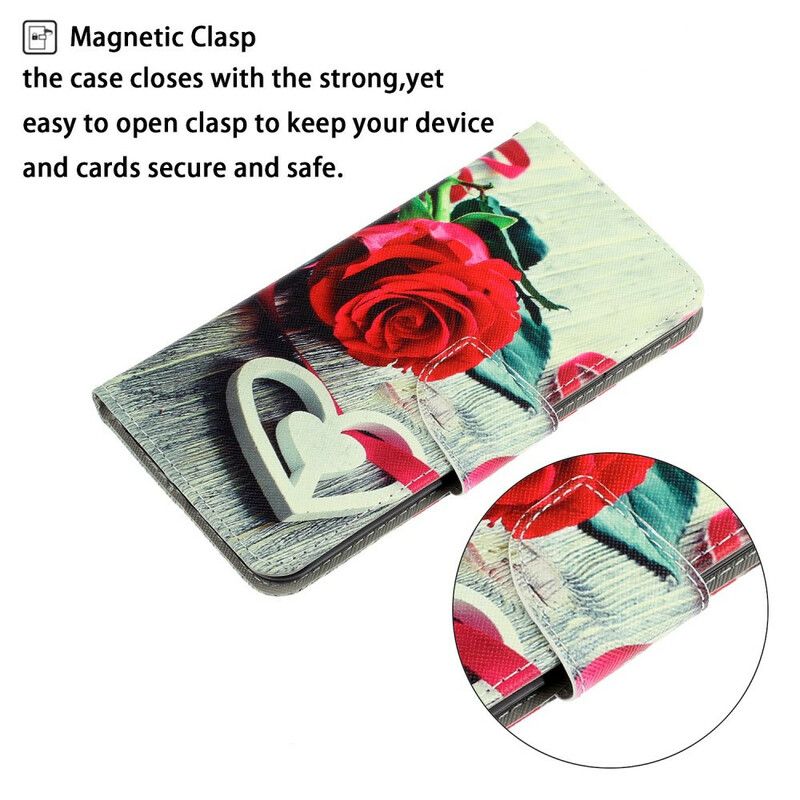 Flip Cover Xiaomi Redmi 8 Med Snor Romantisk Rose Med Rem