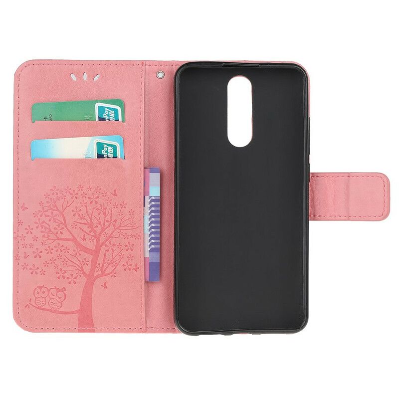 Læder Cover Xiaomi Redmi 8 Med Snor Træ Og Strappy Ugler