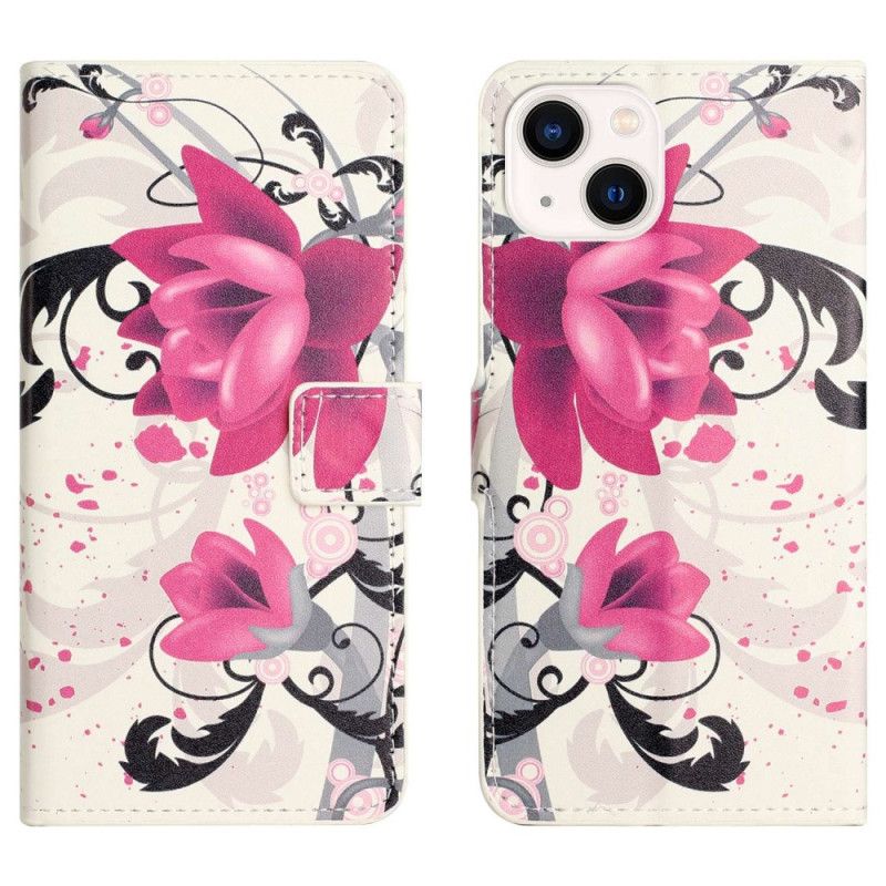 Læder Cover iPhone 14 Tropiske Blomster