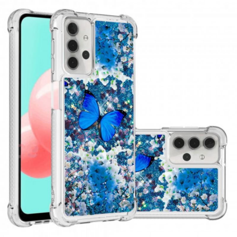 Mobilcover Samsung Galaxy A32 5G Blå Glitter Sommerfugle