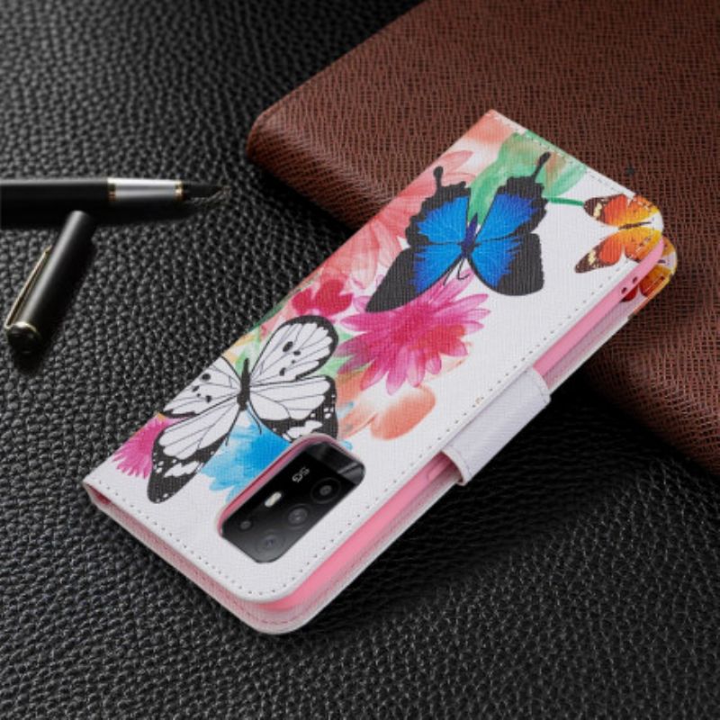 Flip Cover Oppo A94 5G Malede Sommerfugle Og Blomster