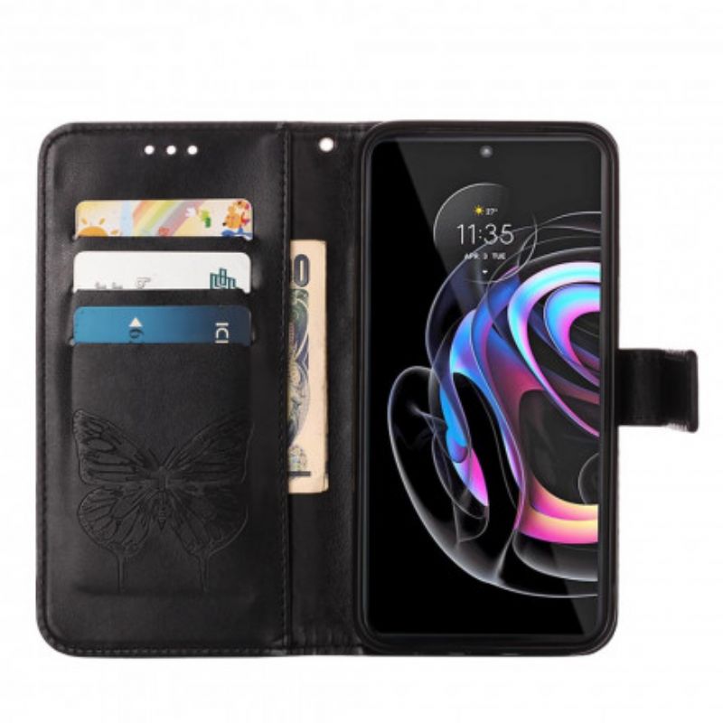 Læder Cover Motorola Edge 20 Pro Sommerfugledesign Med Snor