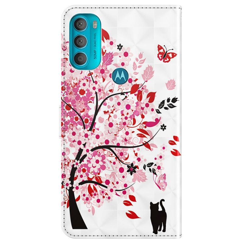 Flip Cover Moto G71 5G Pink Træ Og Sort Kat