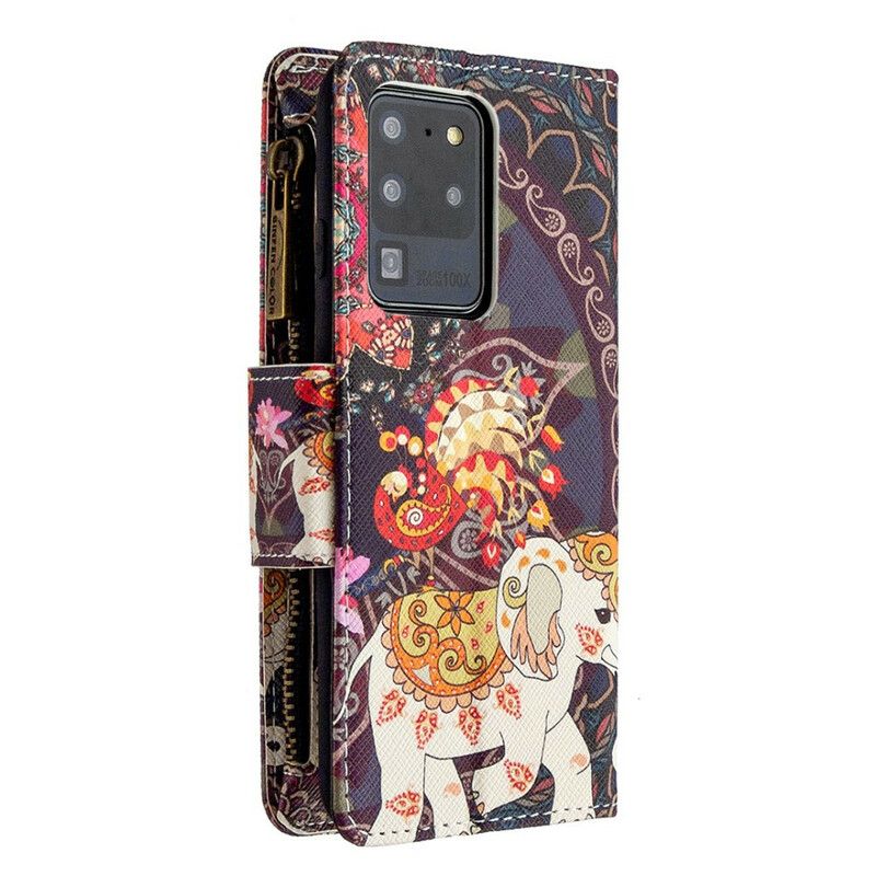 Læder Cover Samsung Galaxy S20 Ultra Elefant Lynlåslomme