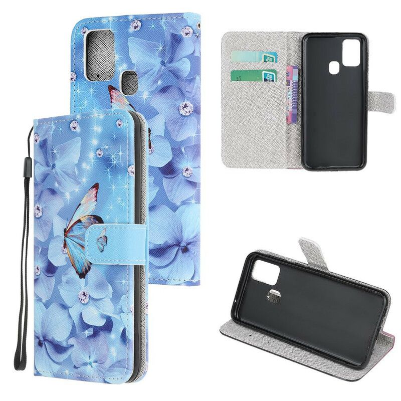 Flip Cover Honor 9X Lite Med Snor Sommerfugle Med Diamantrem