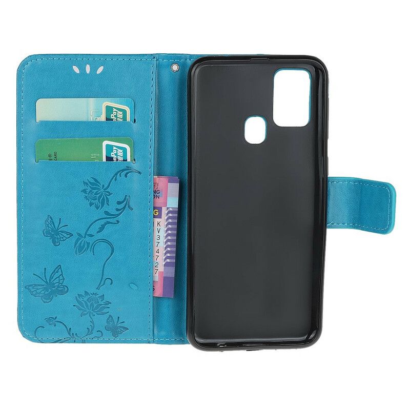 Flip Cover Honor 9X Lite Med Snor Thong Sommerfugle Og Blomster