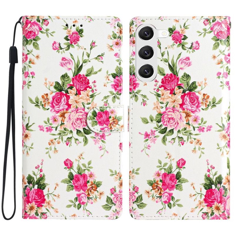 Læder Cover Samsung Galaxy S24 5g Telefon Etui Røde Blomster Med Rem