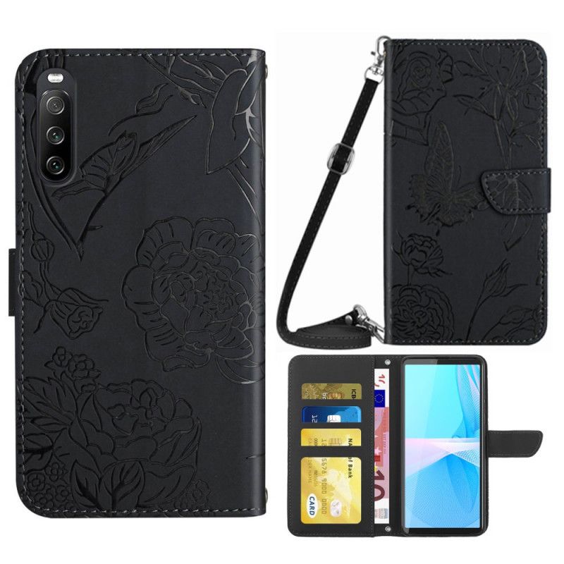 Flip Cover Sony Xperia 10 IV Sommerfugle Med Skulderrem