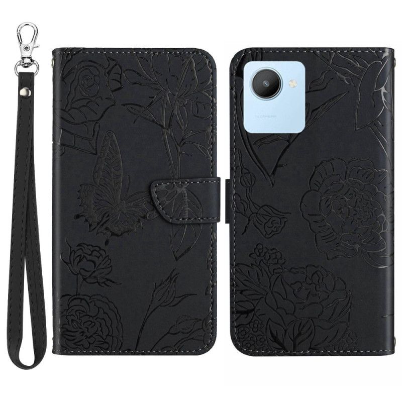 Flip Cover Realme C30 Med Snor Flower Strappy Paillon