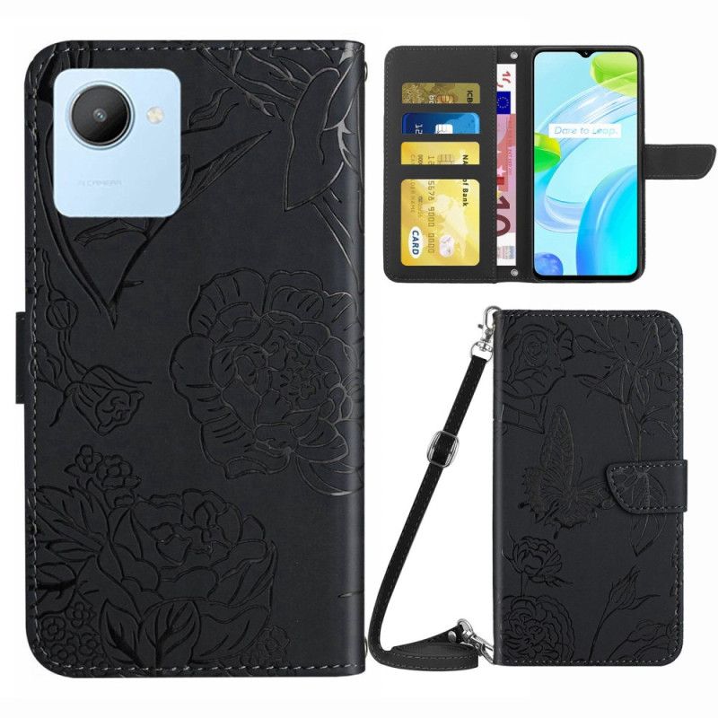 Flip Cover Realme C30 Skulderrem Med Sommerfugleblomster