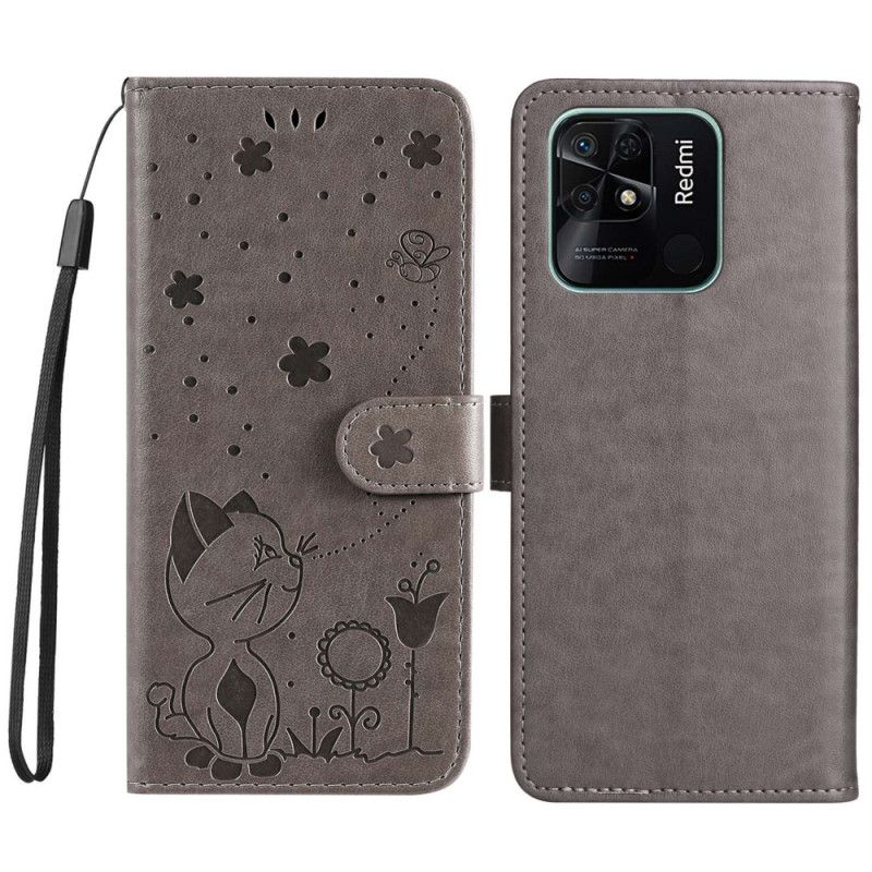 Flip Cover Xiaomi Redmi 10C Med Snor Kat Og Bier I Rem
