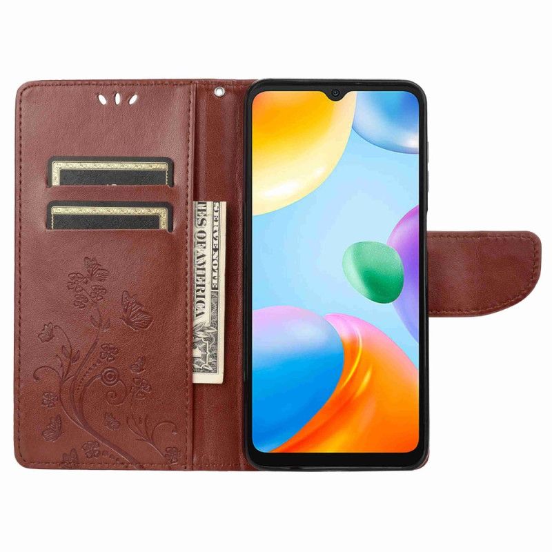 Læder Cover Xiaomi Redmi 10C Med Snor Thong Sommerfugle Og Blomster