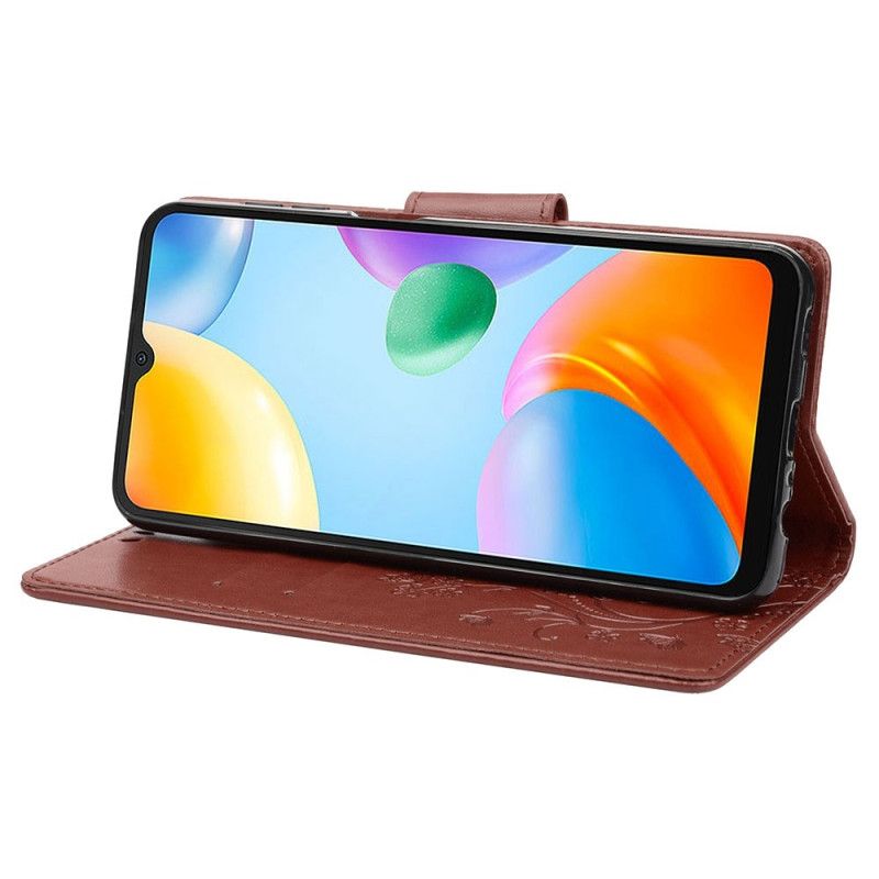 Læder Cover Xiaomi Redmi 10C Med Snor Thong Sommerfugle Og Blomster