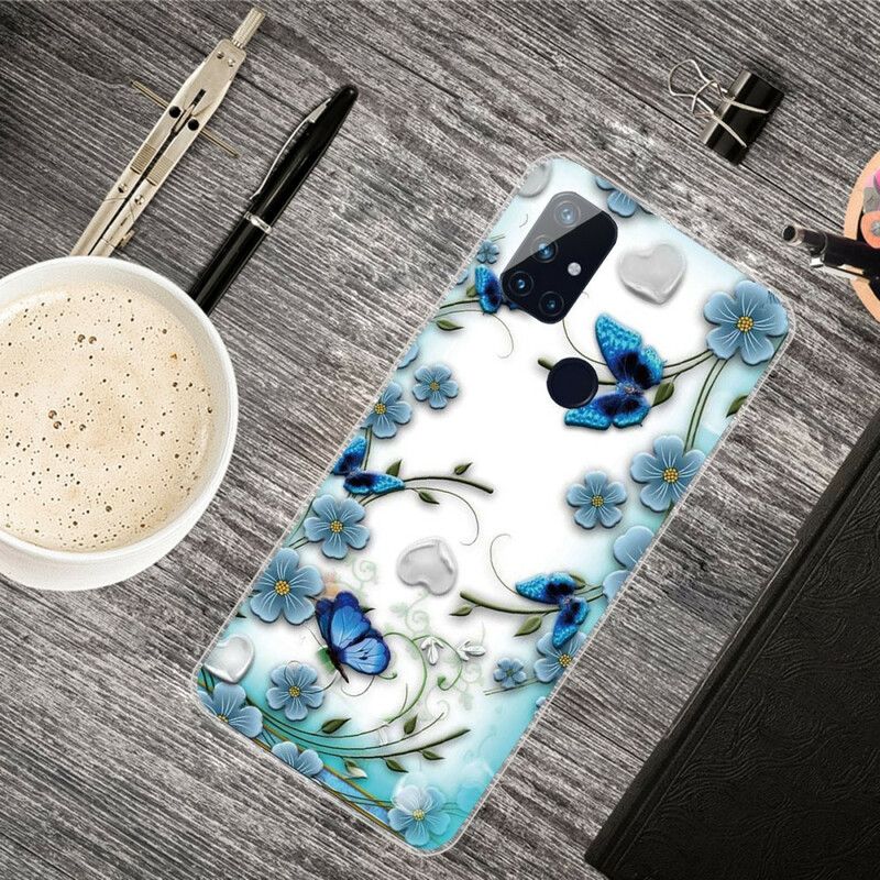 Cover OnePlus Nord N100 Transparente Retro Sommerfugle Og Blomster
