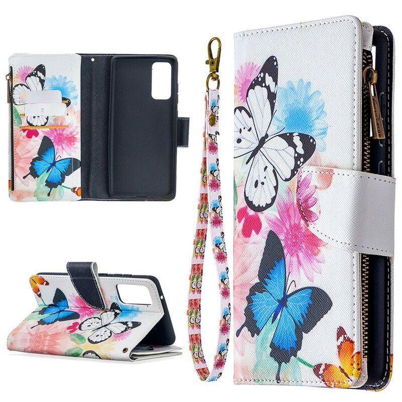 Læder Cover Samsung Galaxy S20 FE Sommerfugle Med Lynlåslomme