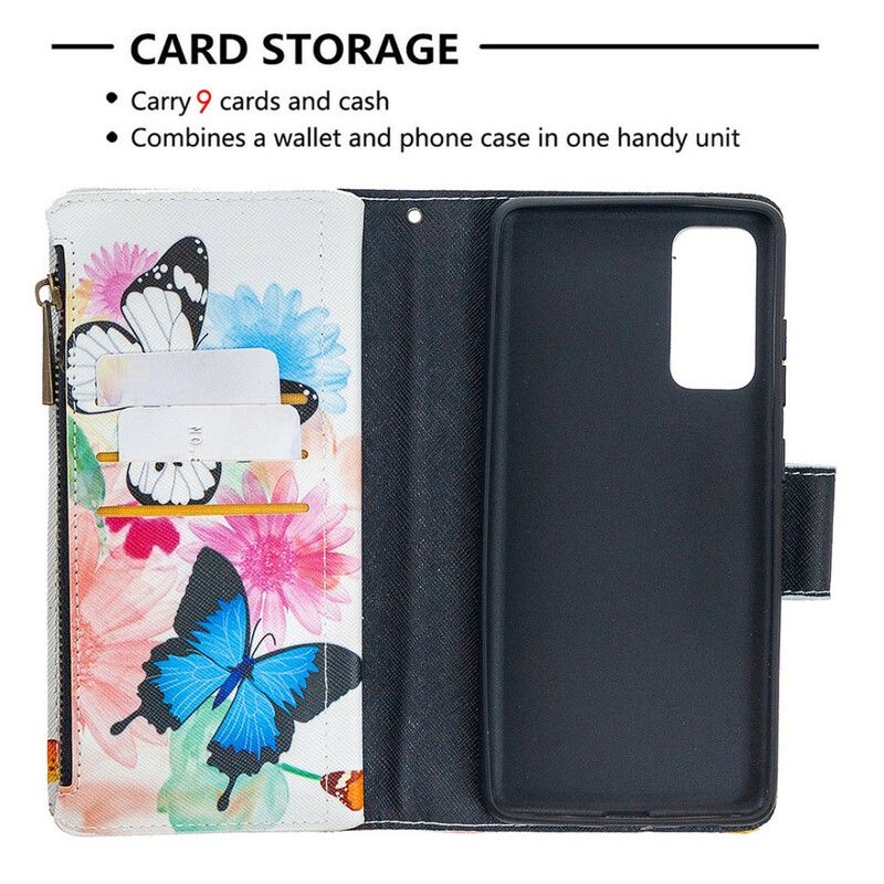 Læder Cover Samsung Galaxy S20 FE Sommerfugle Med Lynlåslomme