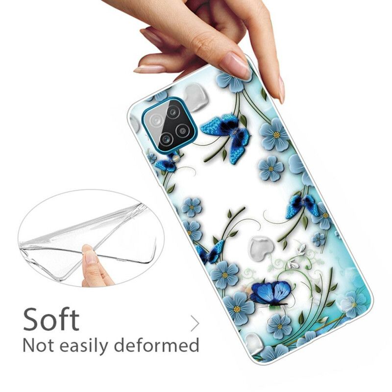 Mobilcover Samsung Galaxy A12 / M12 Transparente Retro Sommerfugle Og Blomster