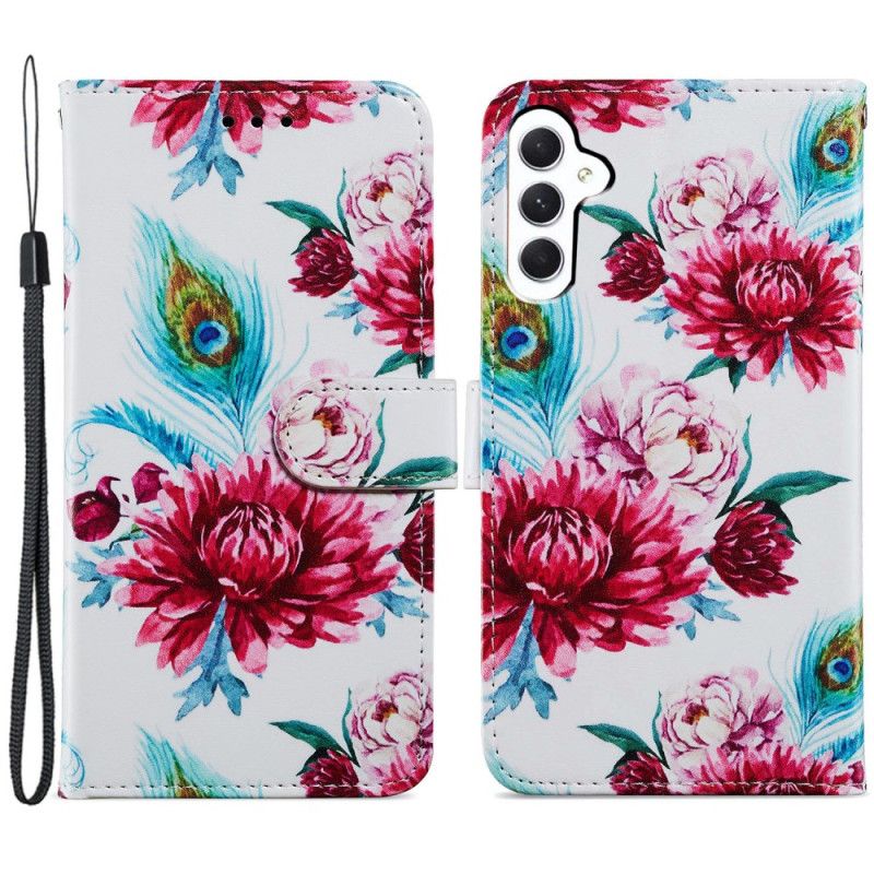 Flip Cover Til Samsung Galaxy A55 5g Røde Blomster Med Rem