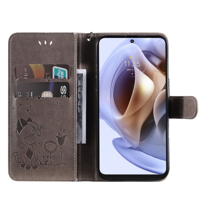 Flip Cover Moto G31 / Moto G41 Med Snor Kat Og Bi Med Rem