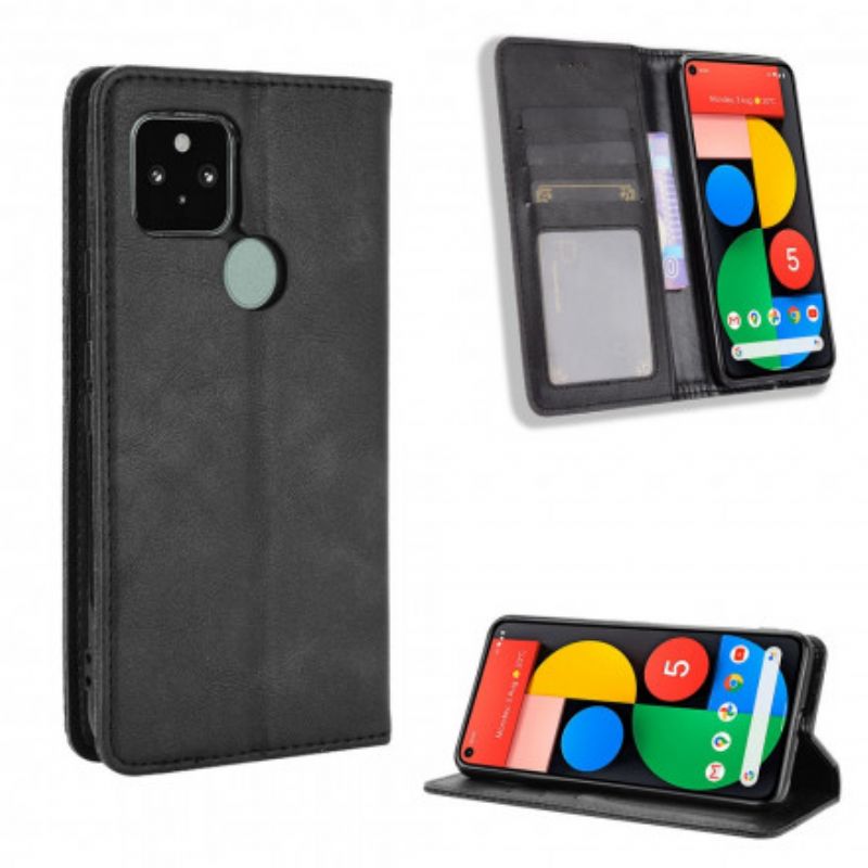Cover Google Pixel 5 Flip Cover Vintage Stiliseret Lædereffekt