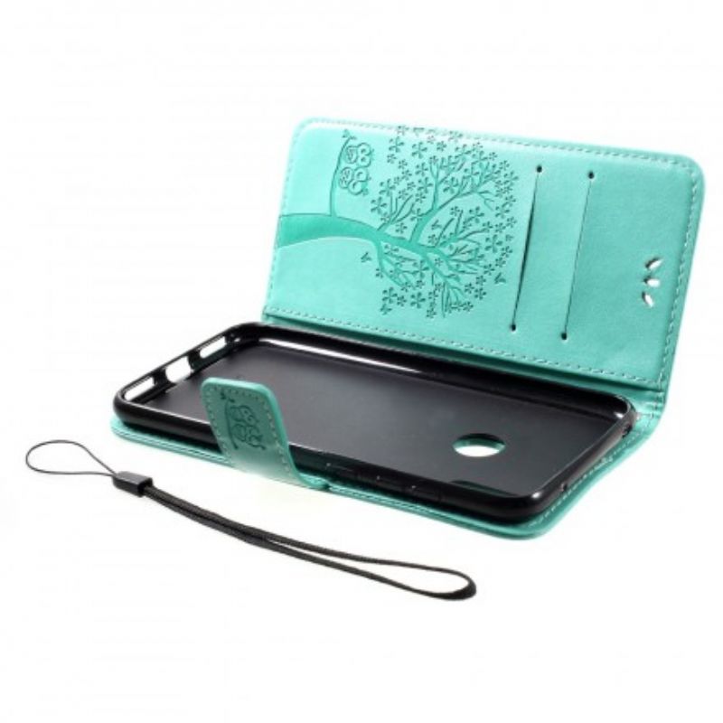 Flip Cover Huawei Y7 2019 Med Snor Træ Og Strappy Ugler