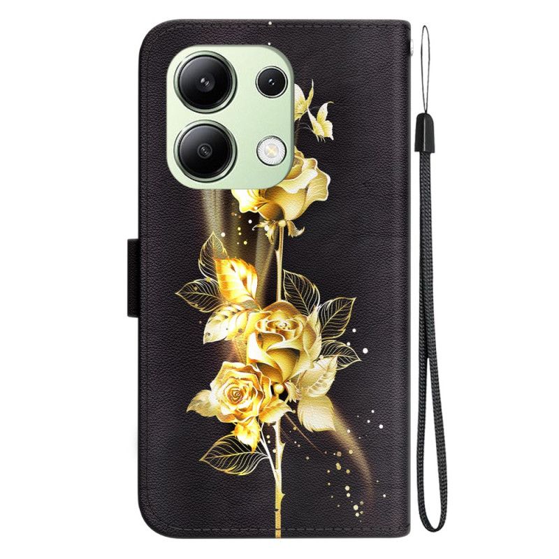 Flip Cover Xiaomi Redmi Note 13 4g Guld Sommerfugle Og Rose Med Rem