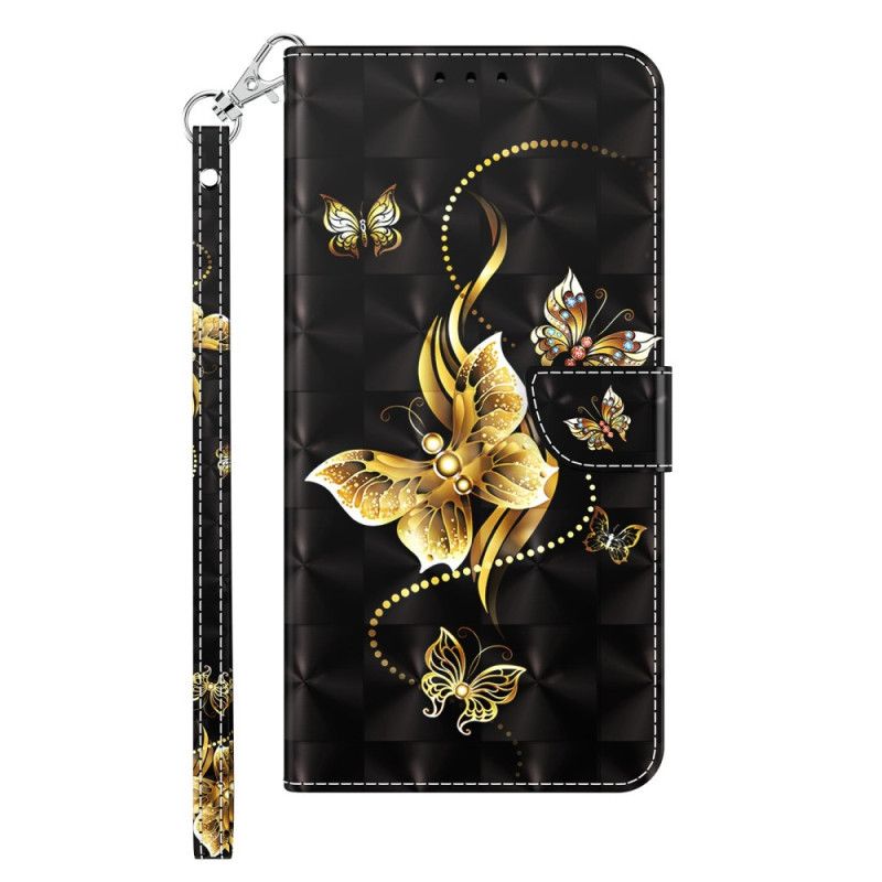 Flip Cover iPhone 14 Pro Med Snor Golden Strap Sommerfugle