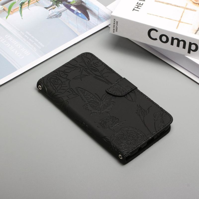 Læder Cover iPhone 14 Pro Sommerfugle Og Skulderrem