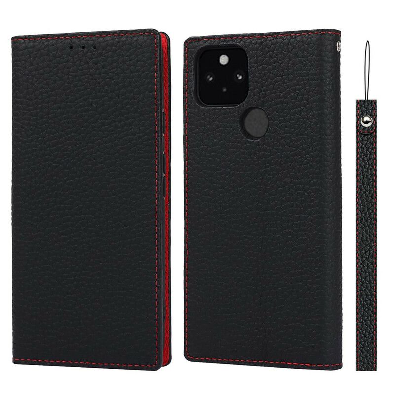 Cover Google Pixel 5A Med Snor Flip Cover Ægte Litchi-læderrem