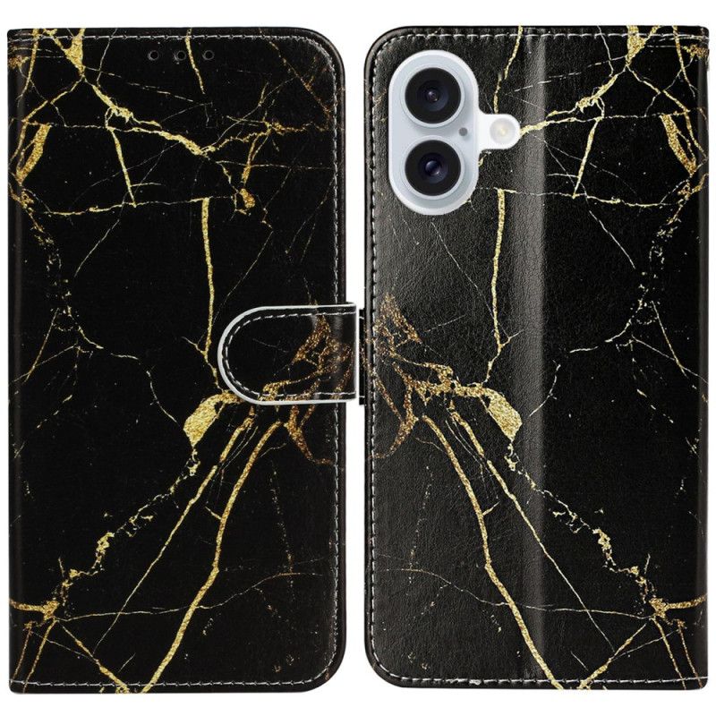 Flip Cover iPhone 16 Plus Sort Gylden Marmor