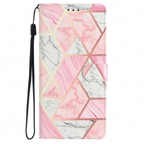 Læder Cover iPhone 16 Plus Telefon Etui Lyserød Marmor Med Rem