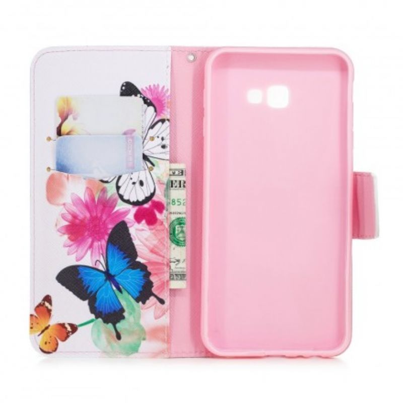 Læder Cover Samsung Galaxy J4 Plus Malede Sommerfugle Og Blomster