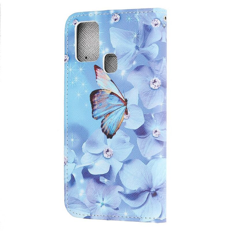 Flip Cover Samsung Galaxy M21 Med Snor Sommerfugle Med Diamantrem