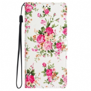 Flip Cover iPhone 16 Pro Røde Blomster Med Rem