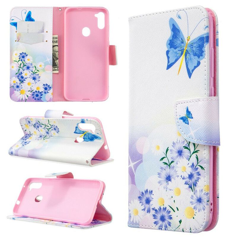 Flip Cover Samsung Galaxy M11 Malede Sommerfugle Og Blomster