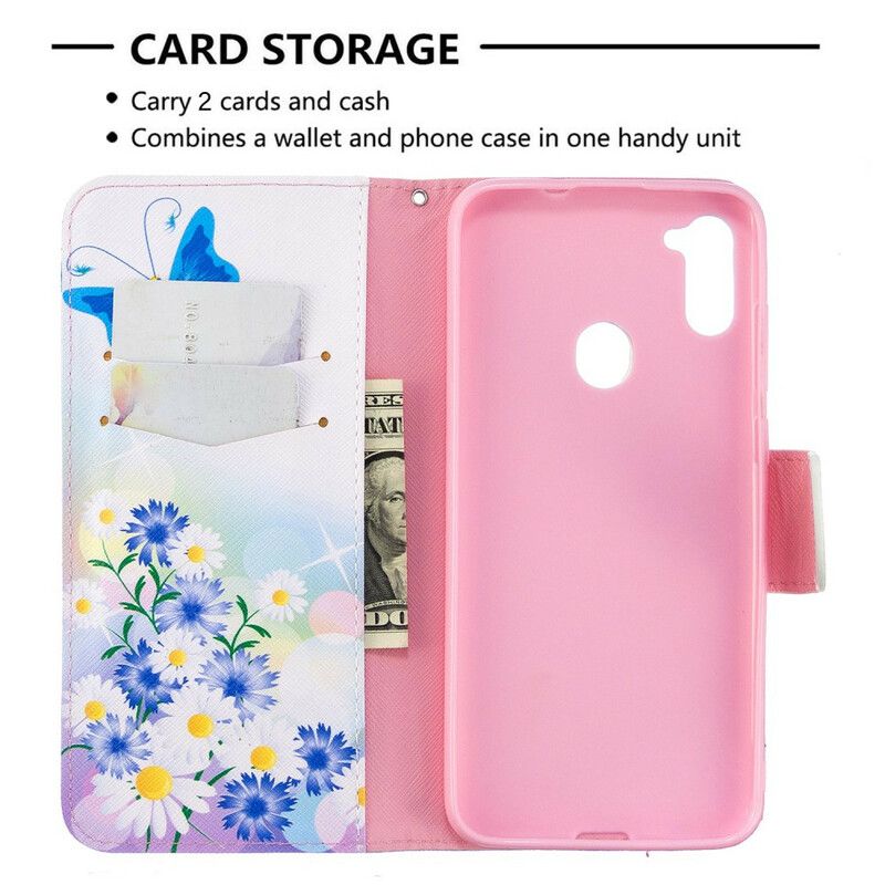 Flip Cover Samsung Galaxy M11 Malede Sommerfugle Og Blomster