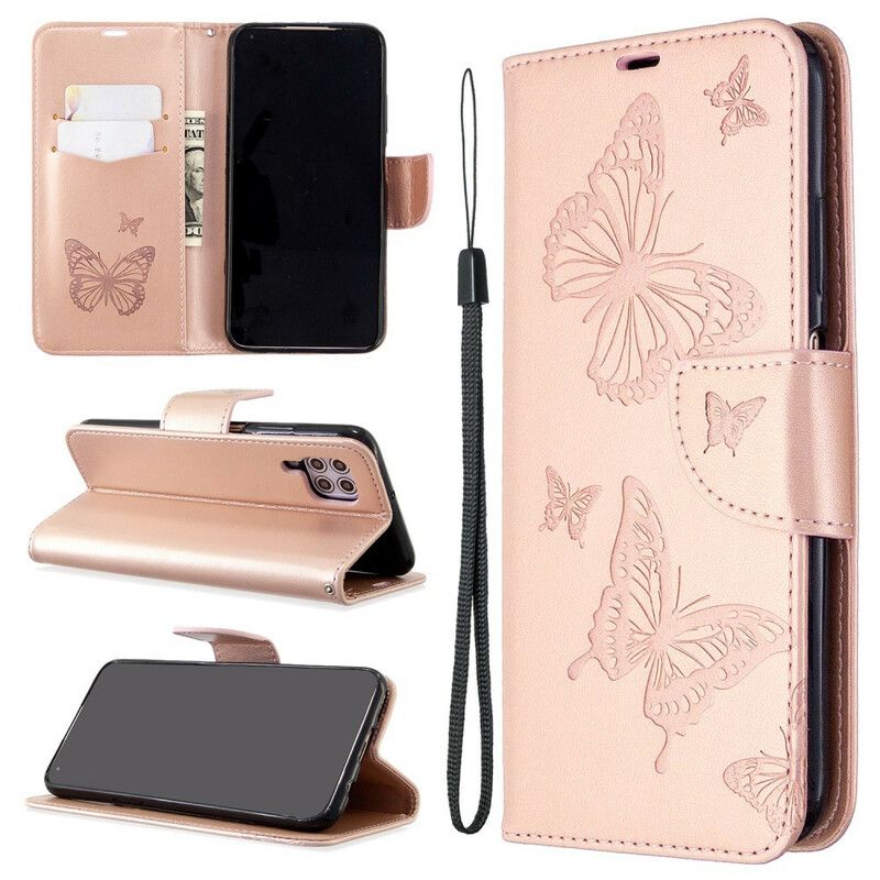 Læder Cover Huawei P40 Lite Med Snor Strappy Med Sommerfugletryk