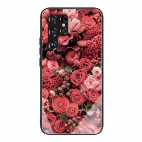 Cover Samsung Galaxy S22 Ultra 5G Hærdet Glas Lyserøde Blomster